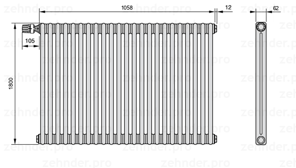Схема (чертеж) Радиатор Zehnder Charleston 2180/23 №V012 Белый глянцевый RAL 9016